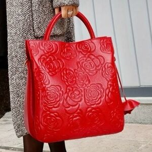 NWOT Elegant Red Embossed Floral Tote Bag